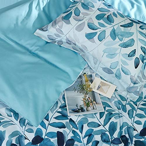 MILDLY 100 Cotton Duvet Cover Set Navy Blue Leaves Print