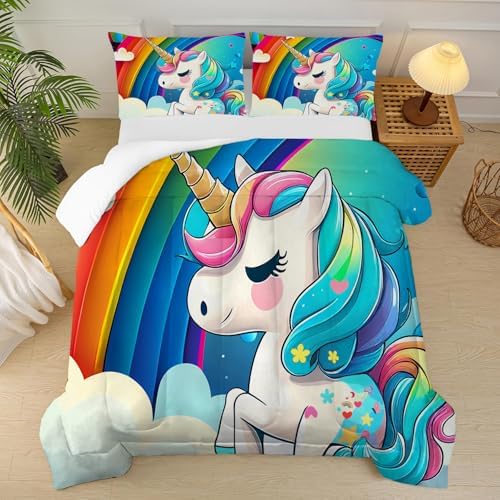FUYEUN Rainbow Unicorn Comforter Set Queen Size