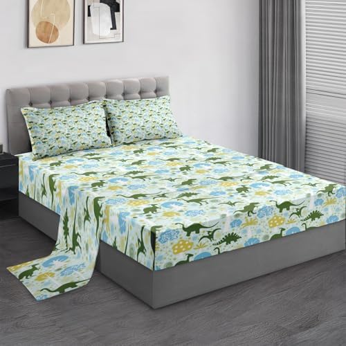 Pamnest Twin Size Bed Sheet Set with Green Dinosaur Print