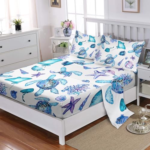 XYNHML Blue Sea Turtle 4PCs Queen Bedding Set