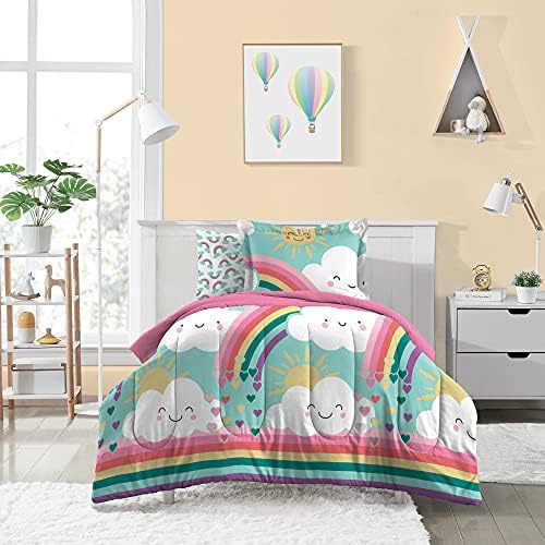 Dream FACTORY Kids 5-Piece Microfiber Bed Set Twin Teal Rainbow Flare