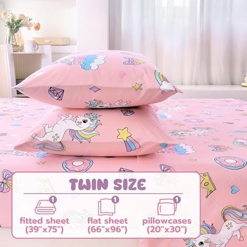 Twin Sheets Set Kids - 3 Piece Pink Unicorn Print Bedding