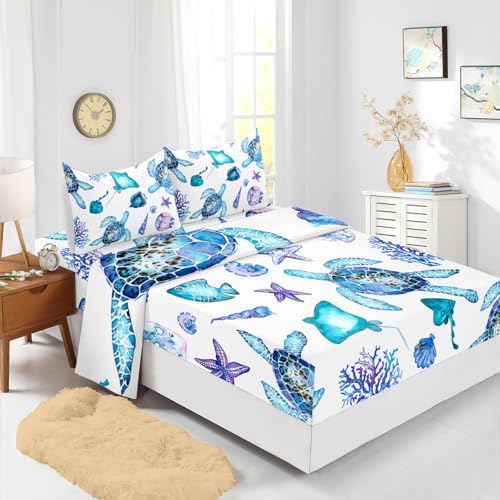 XYNHML Blue Sea Turtle 4PCs Queen Bedding Set