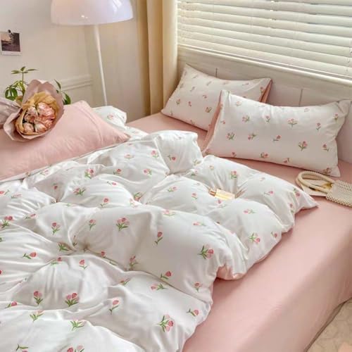 Nayoroom Pink Floral Queen Duvet Cover Set 3 Pcs Microfiber