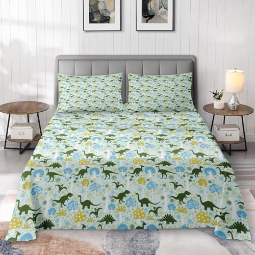 Pamnest Twin Size Bed Sheet Set with Green Dinosaur Print