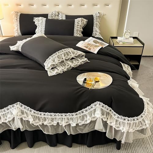 MOOWOO Chic Ruffle Lace Duvet Cover Set - Black Twin 2 Piece