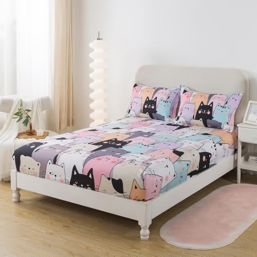 ADASMILE A S Kawaii Cat Sheet Set Twin Size 3 Pieces