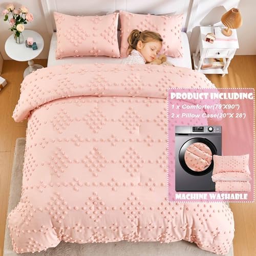 VIVILINEN 3-Piece Pink Boho Comforter Set with Pom Pom Tufts