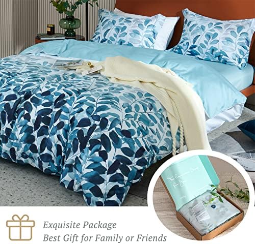 MILDLY 100 Cotton Duvet Cover Set Navy Blue Leaves Print