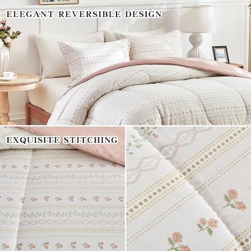 Joyreap 3pcs Pink Flower Stripes Comforter Set for Girls