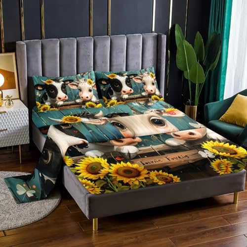Cute Cow Print Fitted Sheet Set 4Pcs for Boys Teens Adults