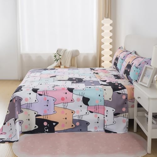 ADASMILE A S Kawaii Cat Sheet Set Twin Size 3 Pieces