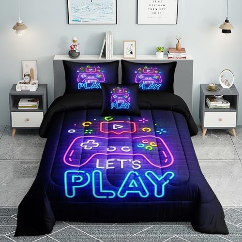 Helloosuu Kids Gaming Comforter Set - Twin Purple Bedding with Sheets Pillowcases