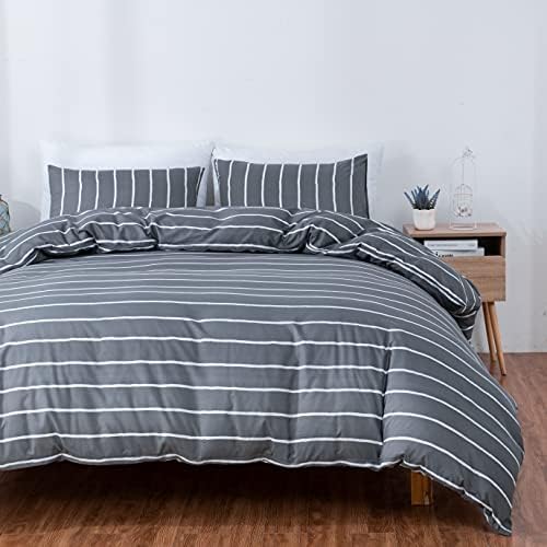 HSKIKWN Gray White Striped Duvet Cover Set Queen 3PCS