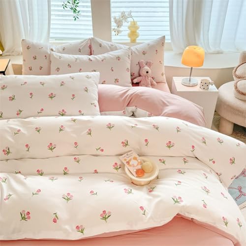 Nayoroom Pink Floral Queen Duvet Cover Set 3 Pcs Microfiber