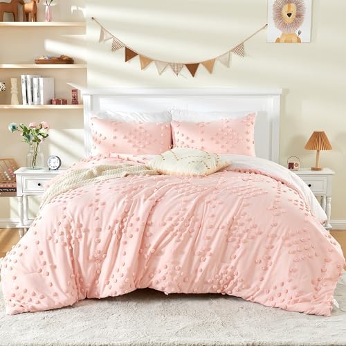 VIVILINEN 3-Piece Pink Boho Comforter Set with Pom Pom Tufts