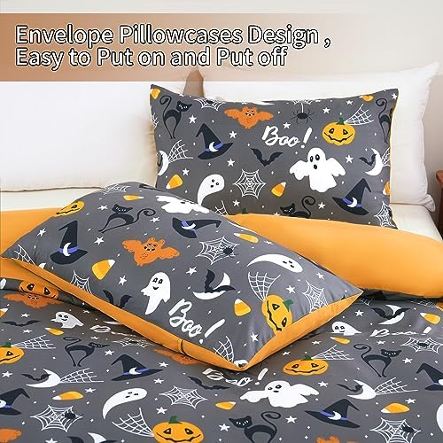 Halloween Duvet Cover Set Queen 3 Pieces Grey Bat Pumpkin