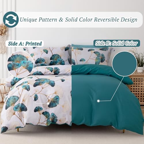 MILDLY 100 Long-Staple Cotton Duvet Cover Set Teal Green Gingko Leaf Pattern