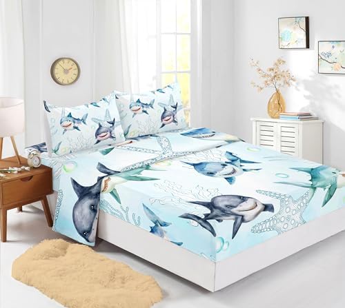 Boys Ocean Shark Fitted Sheet Set 4Pcs Twin Size