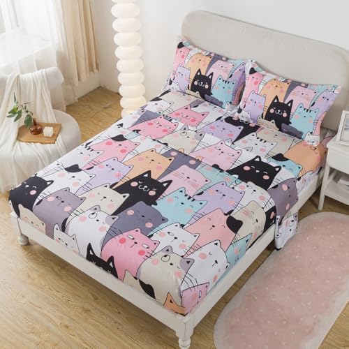 ADASMILE A S Kawaii Cat Sheet Set Twin Size 3 Pieces