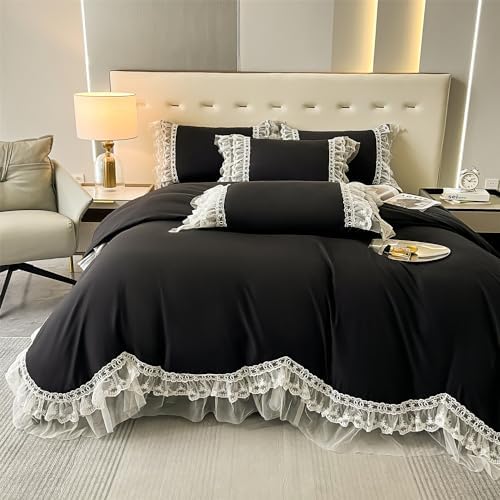 MOOWOO Chic Ruffle Lace Duvet Cover Set - Black Twin 2 Piece