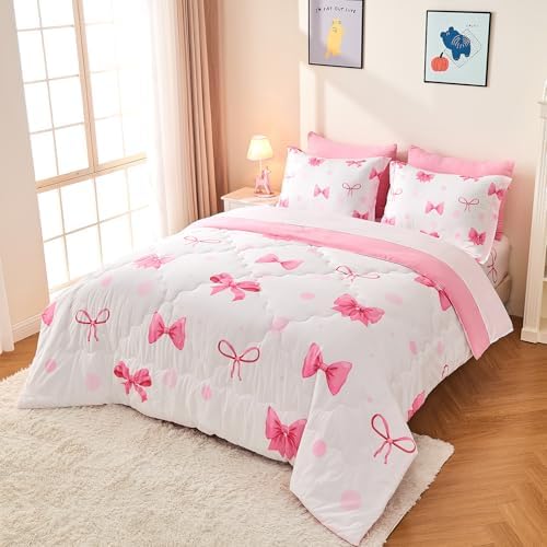 Wajade 7-Piece Pink Bow Queen Bedding Set 1