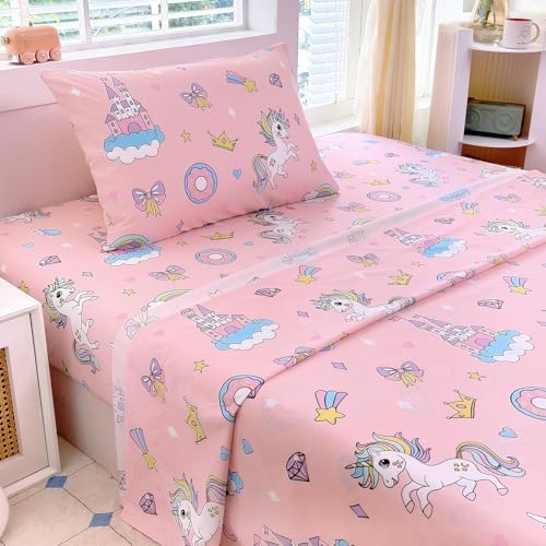 Twin Sheets Set Kids - 3 Piece Pink Unicorn Print Bedding
