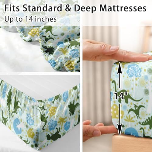 Pamnest Twin Size Bed Sheet Set with Green Dinosaur Print