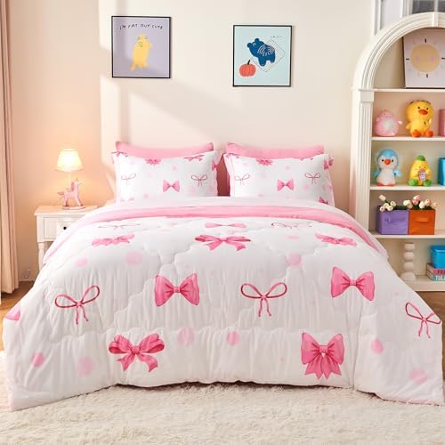 Wajade 7-Piece Pink Bow Queen Bedding Set 1