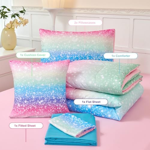 PERFEMET Rainbow Gradient Comforter Set for Girls 6 Pcs Twin Bedding