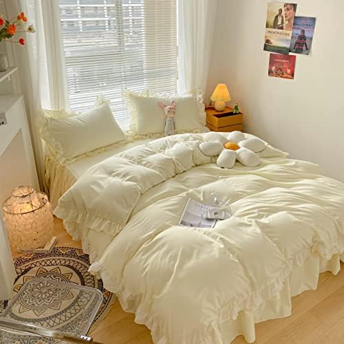 MOOWOO Chic Ruffle Lace Duvet Cover Set - Girl Yellow Bedding - 3 Piece Queen
