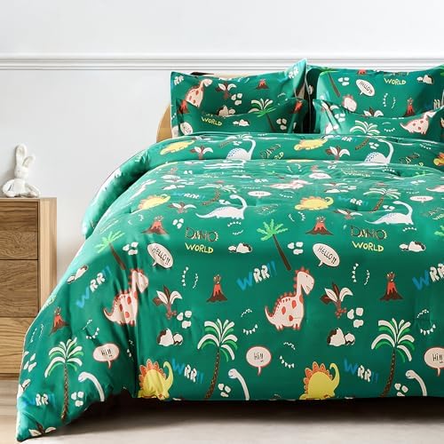 MORAIS Queen Comforter Set 7-Piece Green Dinosaur Kids Bedding