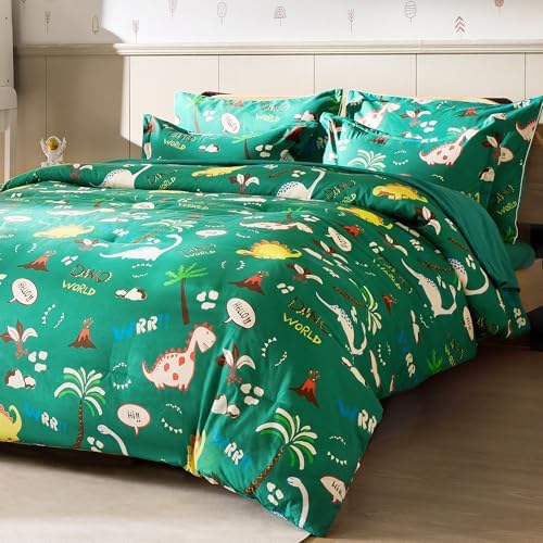 MORAIS Queen Comforter Set 7-Piece Green Dinosaur Kids Bedding