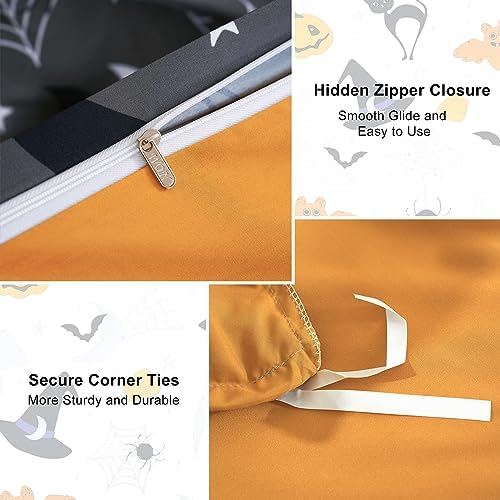 Halloween Duvet Cover Set Queen 3 Pieces Grey Bat Pumpkin