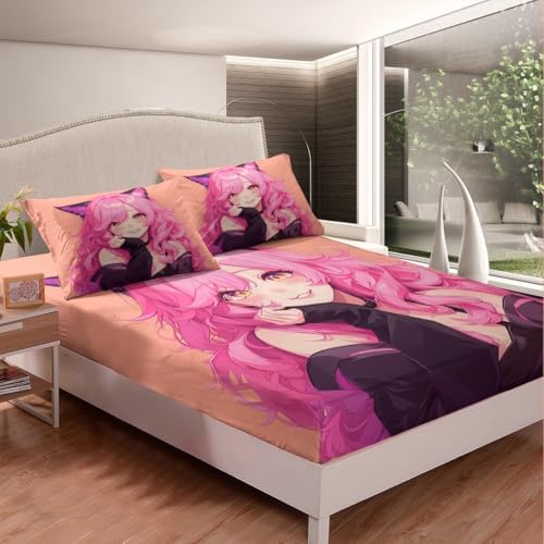 Anime Girl Fitted Sheet Set with Furry Ears and Pink Hair