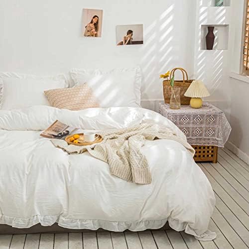 Faincy White Ruffle Duvet Cover Set King Size 3PC with Zipper