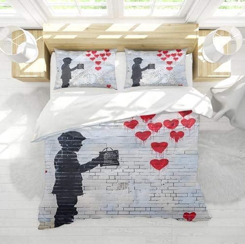 Graffiti Wall Kids Duvet Cover Set Red Love Pattern 3 Piece