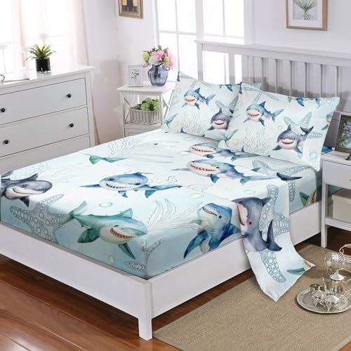 Boys Ocean Shark Fitted Sheet Set 4Pcs Twin Size