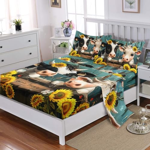 Cute Cow Print Fitted Sheet Set 4Pcs for Boys Teens Adults