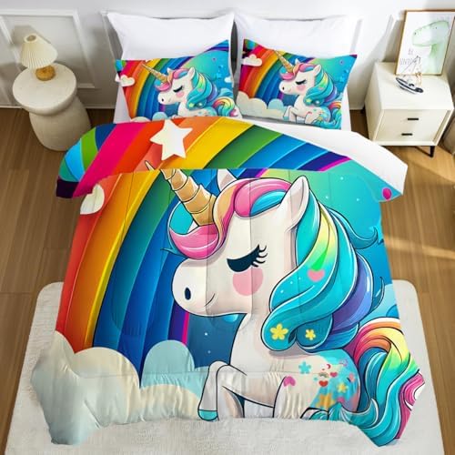 FUYEUN Rainbow Unicorn Comforter Set Queen Size