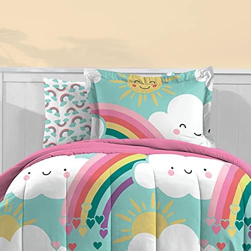 Dream FACTORY Kids 5-Piece Microfiber Bed Set Twin Teal Rainbow Flare