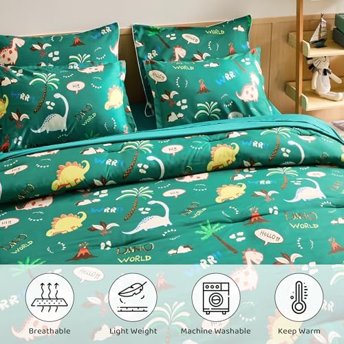 MORAIS Queen Comforter Set 7-Piece Green Dinosaur Kids Bedding