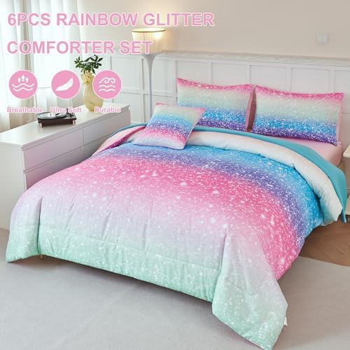 PERFEMET Rainbow Gradient Comforter Set for Girls 6 Pcs Twin Bedding