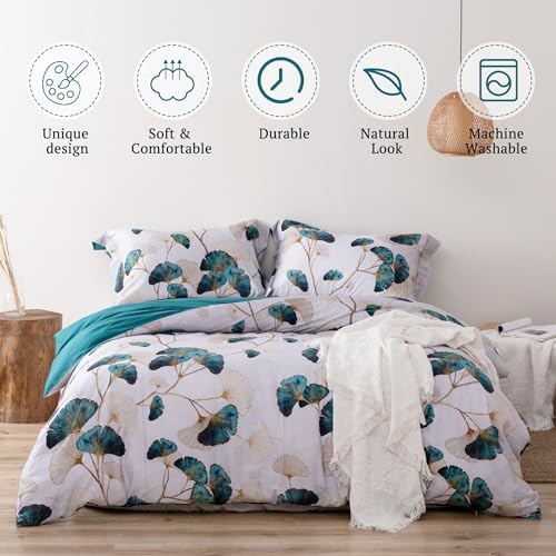 MILDLY 100 Long-Staple Cotton Duvet Cover Set Teal Green Gingko Leaf Pattern