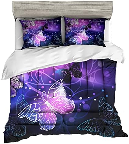 Sunnycitron 3D Purple Butterfly Comforter Set for Girls and Women
