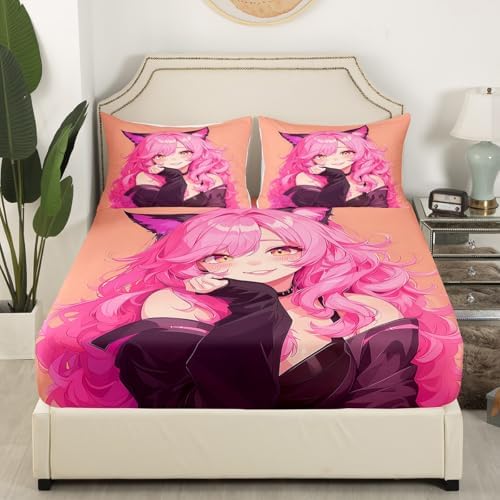 Anime Girl Fitted Sheet Set with Furry Ears and Pink Hair