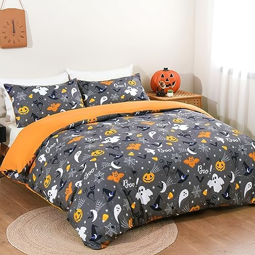Halloween Duvet Cover Set Queen 3 Pieces Grey Bat Pumpkin