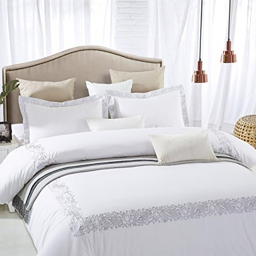 Superior Embroidered Cotton Duvet Cover Set FullQueen White