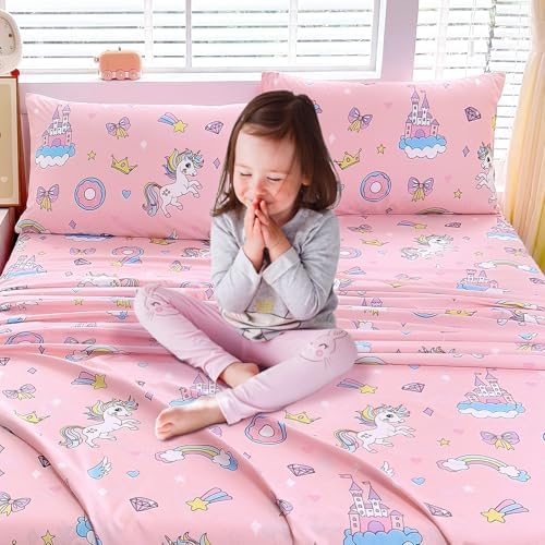 Twin Sheets Set Kids - 3 Piece Pink Unicorn Print Bedding