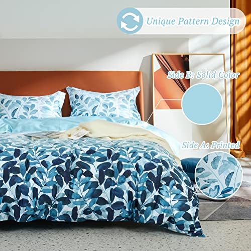 MILDLY 100 Cotton Duvet Cover Set Navy Blue Leaves Print